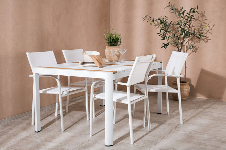 Venture Home Togo - Dining Table- White / Teak - Allu / Teak - 150*100 +Santorini Arm Chair (Stackable)  - White Alu / White Textilene _4