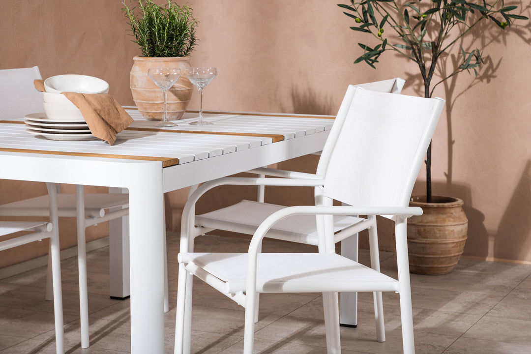 Venture Home Togo - Dining Table- White / Teak - Allu / Teak - 150*100 +Santorini Arm Chair (Stackable)  - White Alu / White Textilene _4