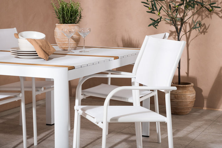 Venture Home Togo - Dining Table- White / Teak - Allu / Teak - 150*100 +Santorini Arm Chair (Stackable)  - White Alu / White Textilene _4