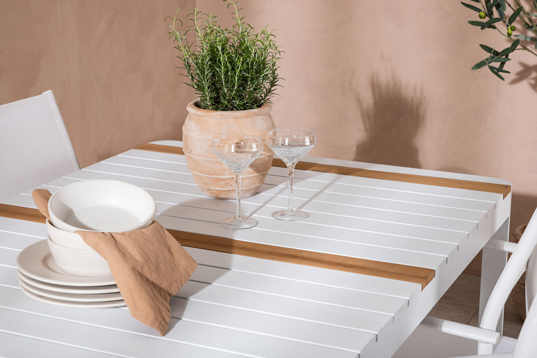 Venture Home Togo - Dining Table- White / Teak - Allu / Teak - 150*100 +Santorini Arm Chair (Stackable)  - White Alu / White Textilene _4
