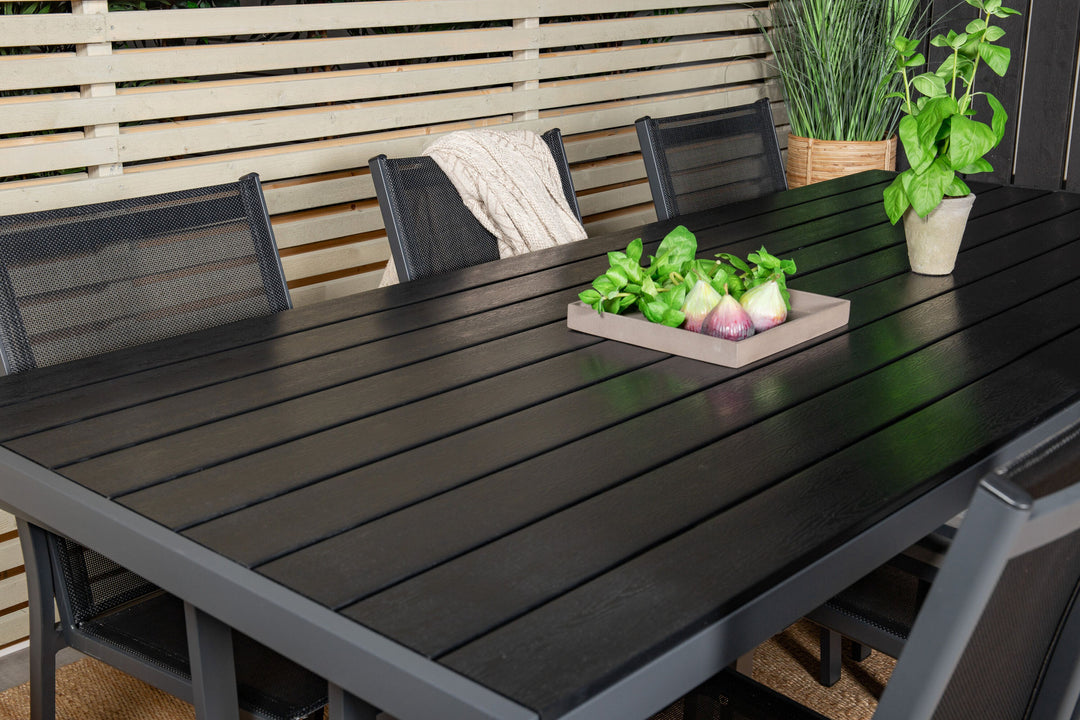 Venture Home Break Dining Table - 205*90 - Black Alu / Black Aintwood+Parma Arm Chair (stacka