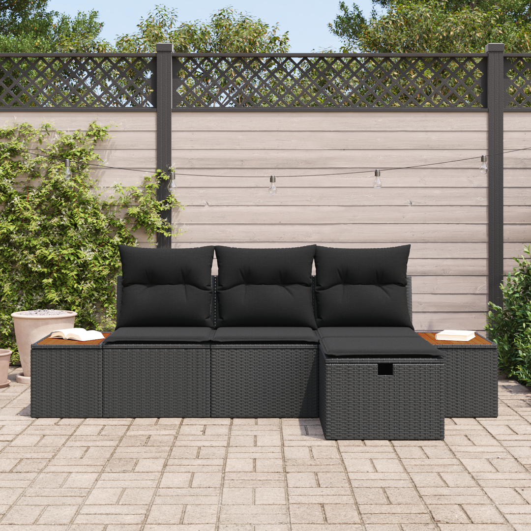 Havesofa Sæt med pude med opbevaring 4 pcs Sort polyrattan