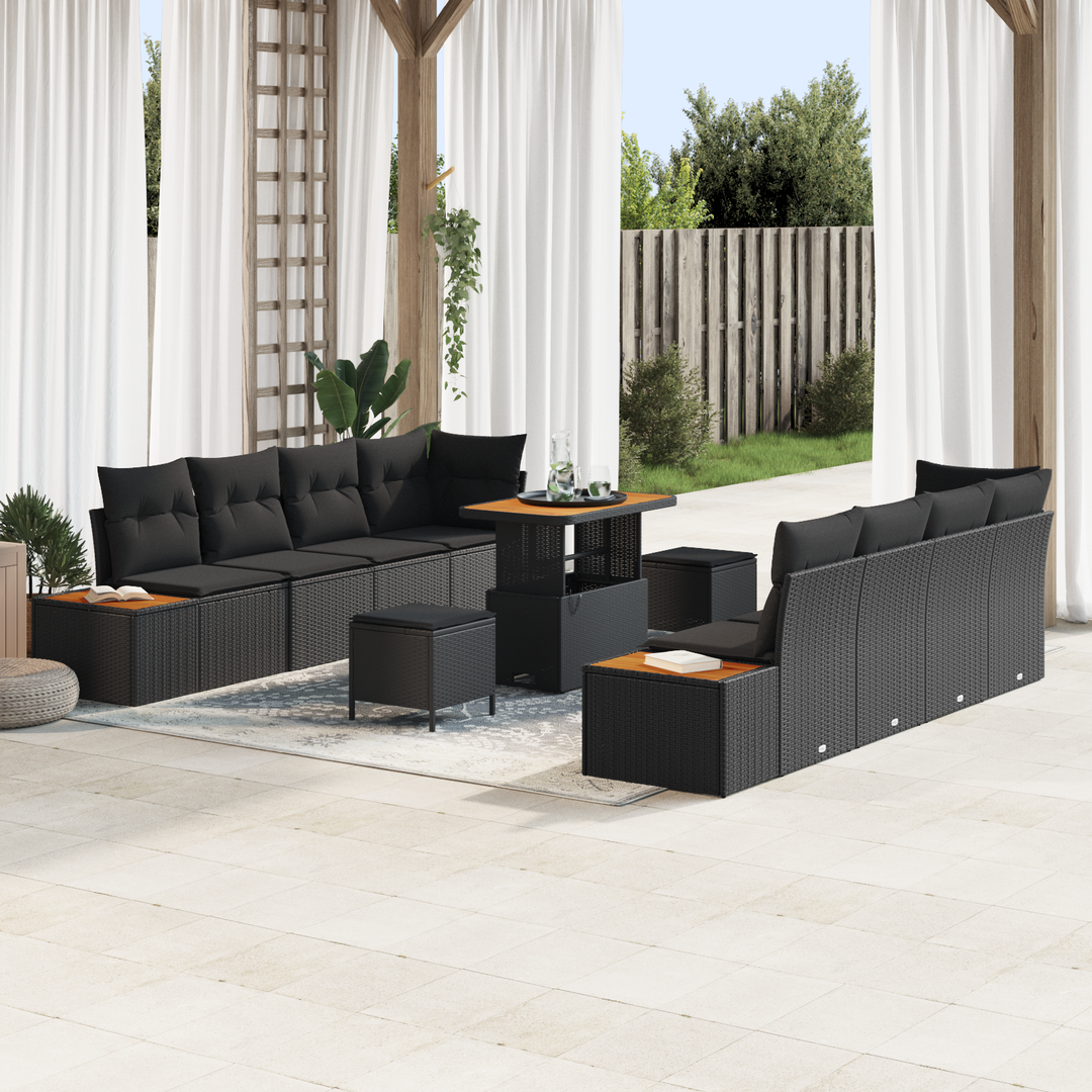 Havesofa Sæt med pude med opbevaring 11 pcs Sort Poly rattan