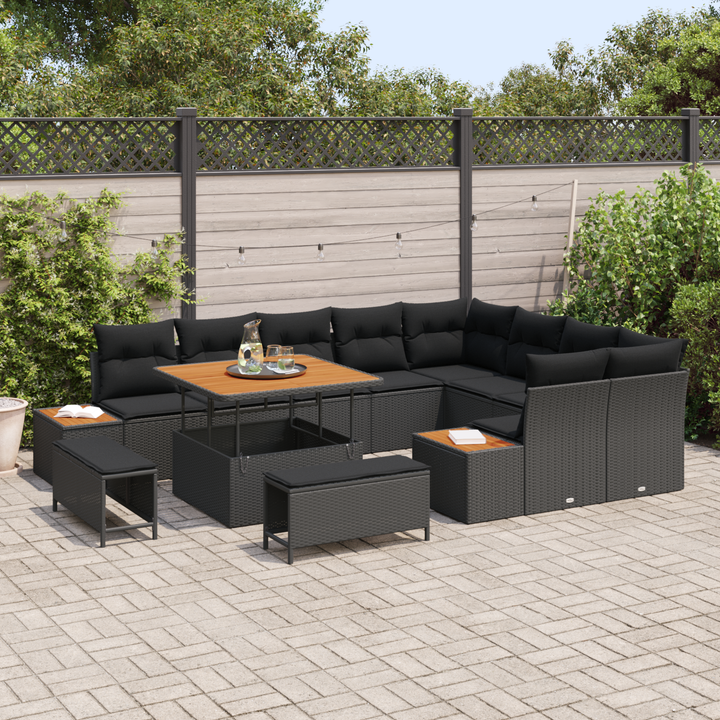Havesofa Sæt med pude med opbevaring 12 pcs Sort Poly rattan