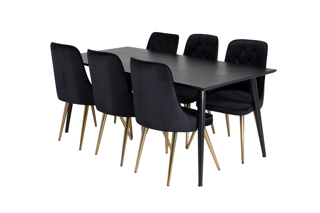 Venture Home Dipp Dining Table - 180*90cm - Black Veneer / all black legs +Velvet Deluxe Dining Chair - Black / Brass_6