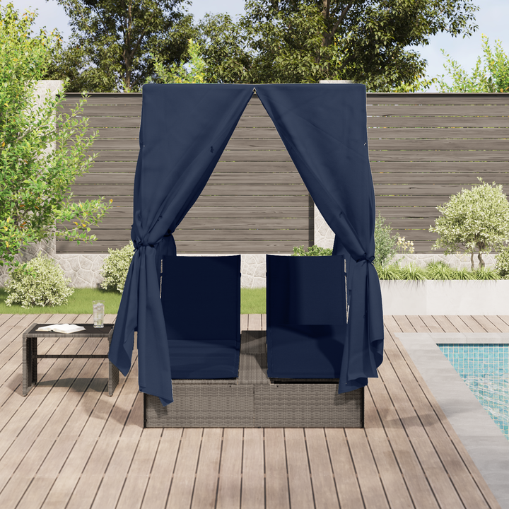 Dobbelt solstol med gardiner Sort 205 x 129 x 200 cm polyrattan