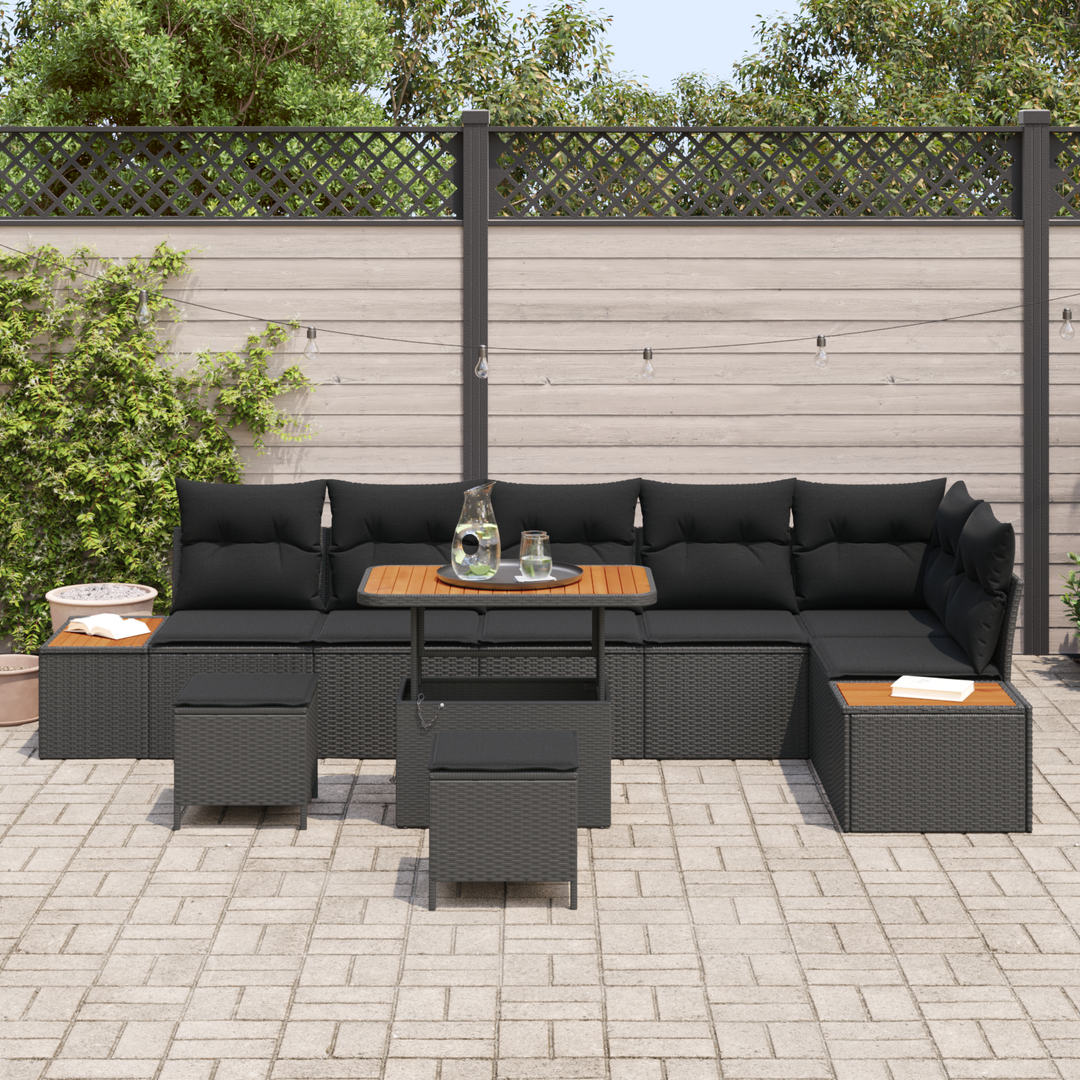 Havesofa Sæt med pude med opbevaring 9 pcs Sort Poly rattan