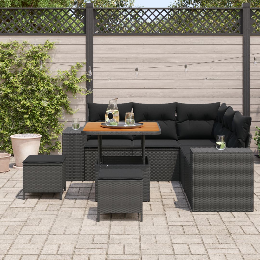 Havesofa Sæt med pude med opbevaring 8 pcs Sort polyrattan