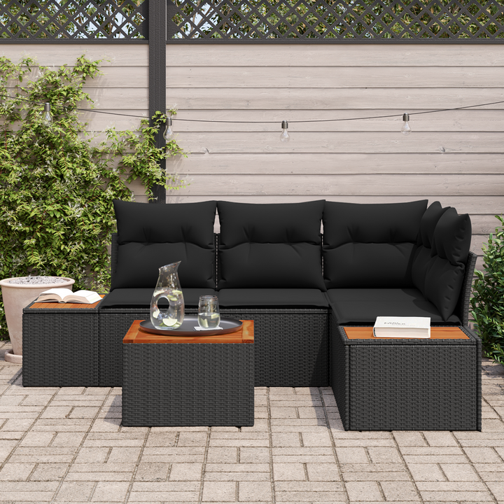 Havesofa Sæt med pude med opbevaring 4 pcs Sort Polyrattan