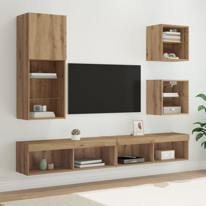 TV vægenheder med LED 5 pcs Artisan Egetræ Konstrueret træ