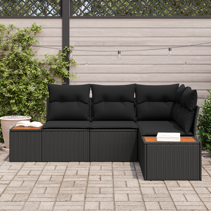 Havesofa Sæt med pude med opbevaring 4 pcs Sort Polyrattan