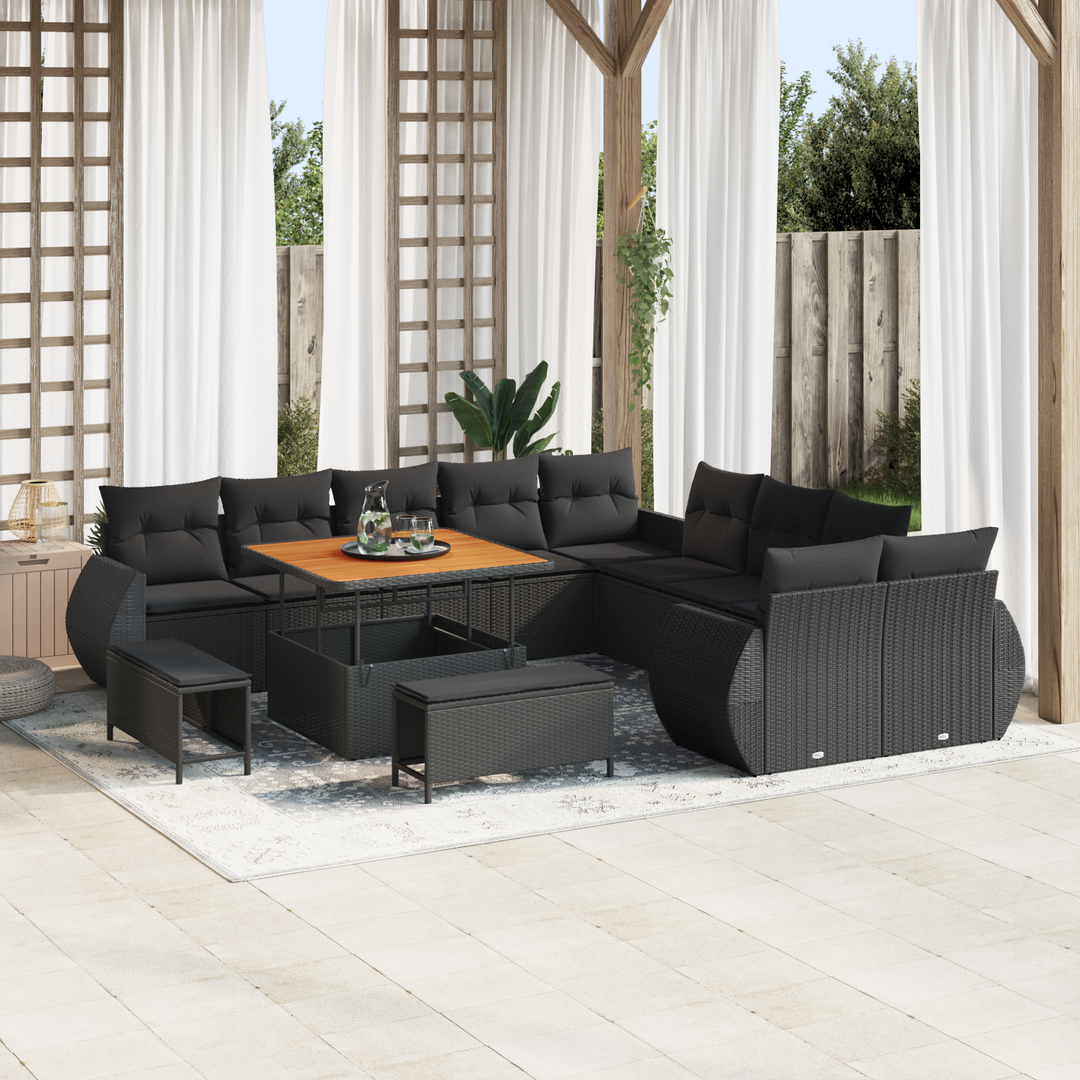 Havesofa Sæt 13 pcs Sort Polyrattan og pulverlakeret stål