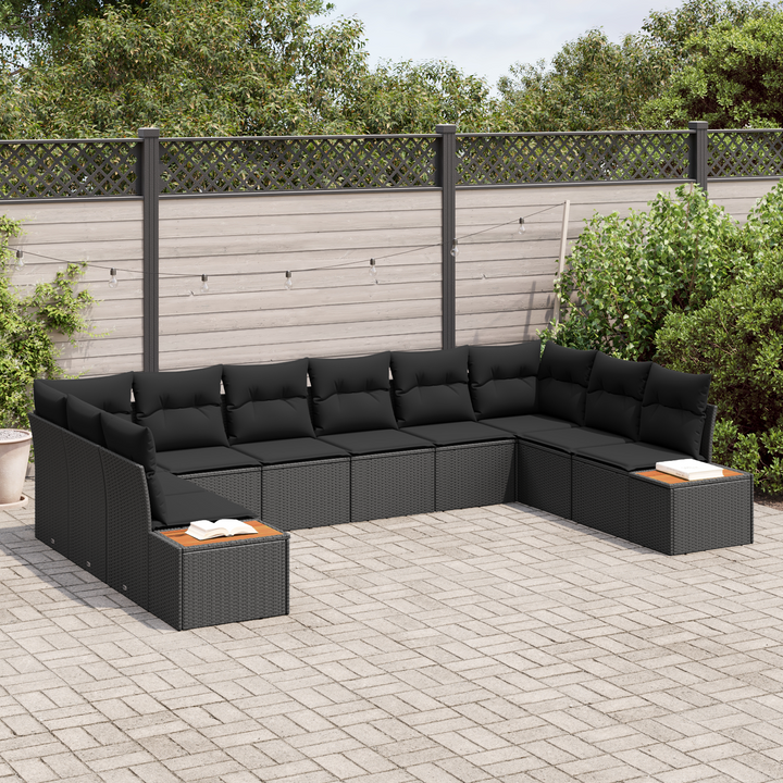 Havesofa Sæt med pude med opbevaring 10 pcs Sort Polyrattan