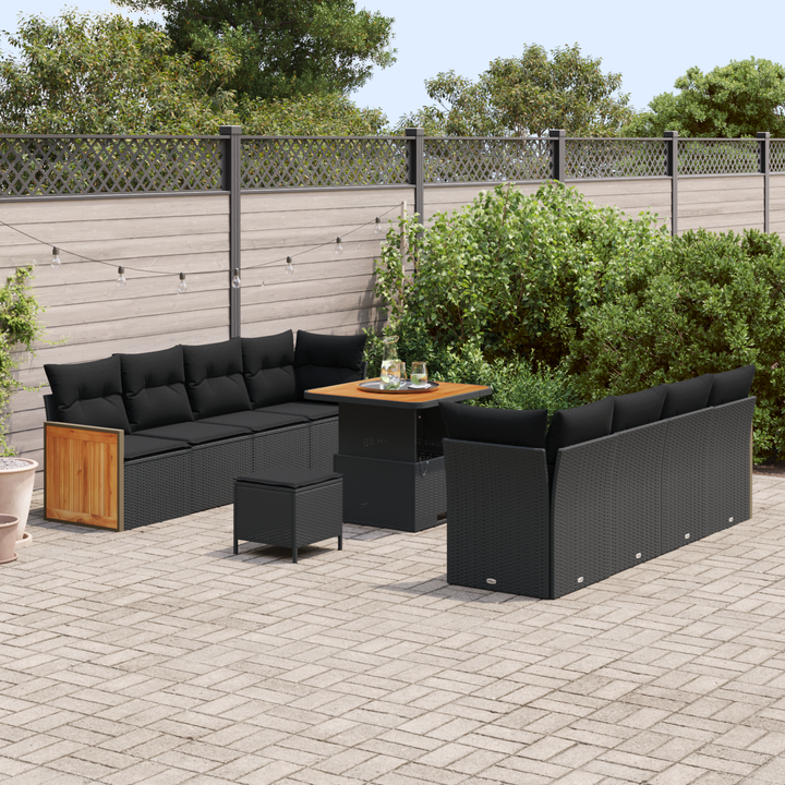 Havesofa Sæt 11 pcs Sort Poly Rattan og pulverlakeret stål