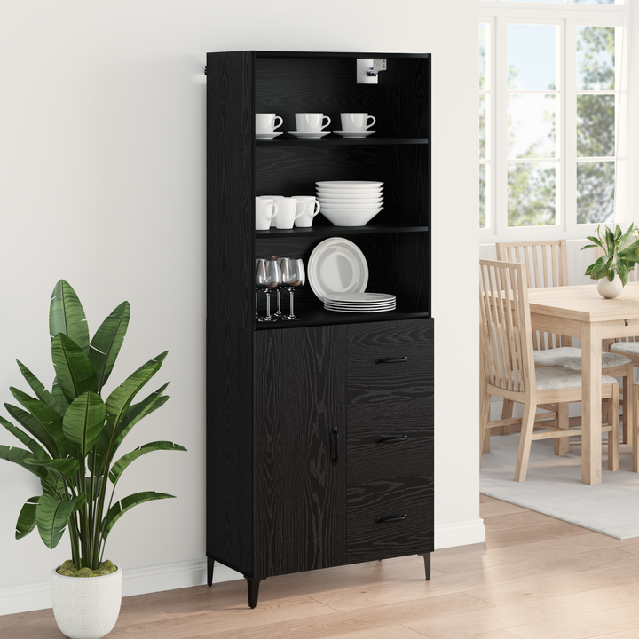 Highboard med skuffe Sort eg 69,5 x 34 x 180 cm Konstrueret træ