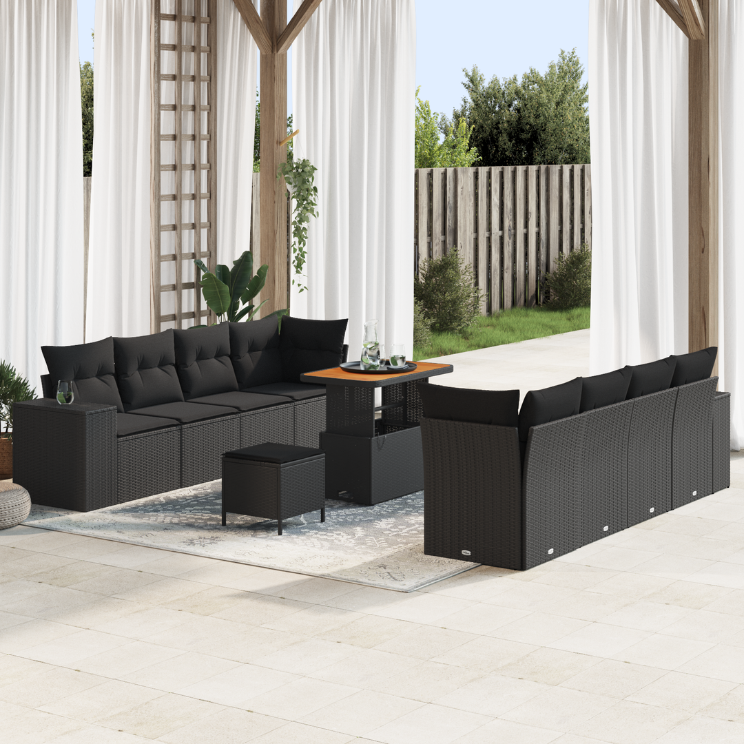 Havesofa Sæt med pude med opbevaring 11 pcs Sort polyrattan