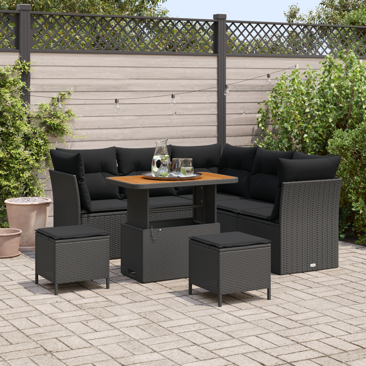 Havesofa Sæt 8 pcs Sort Poly rattan og pulverlakeret stål