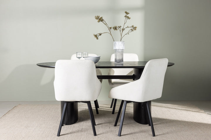 Venture Home Isolde Dining Table 180*75 - Black / Black MDF +Rosie Dining Chair - Black / Beige Fabric _4