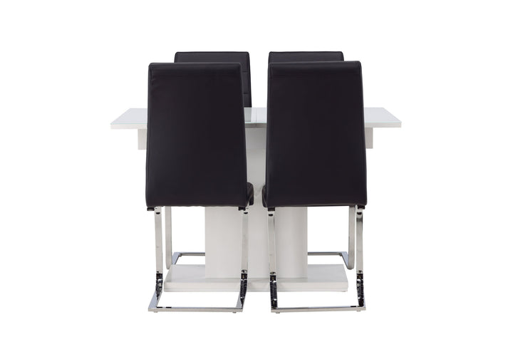 Venture Home Pluto Dining Table 120/160*90- White / MDF Glass +Tempo Dining Chair - Chromed leg / Black PU _4
