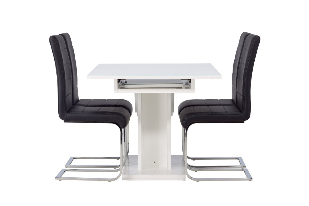 Venture Home Pluto Dining Table 120/160*90- White / MDF Glass +Tempo Dining Chair - Chromed leg / Black PU _4