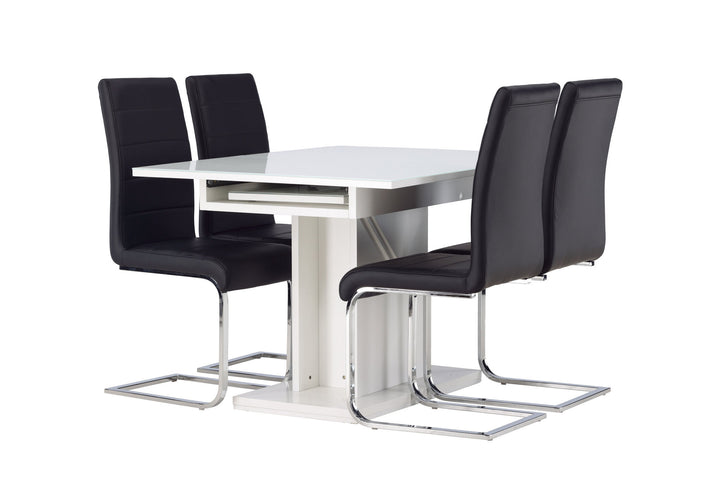 Venture Home Pluto Dining Table 120/160*90- White / MDF Glass +Tempo Dining Chair - Chromed leg / Black PU _4