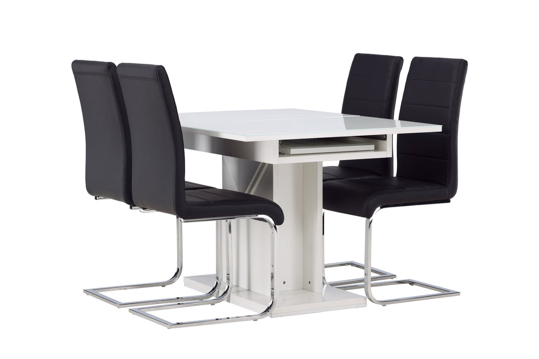 Venture Home Pluto Dining Table 120/160*90- White / MDF Glass +Tempo Dining Chair - Chromed leg / Black PU _4