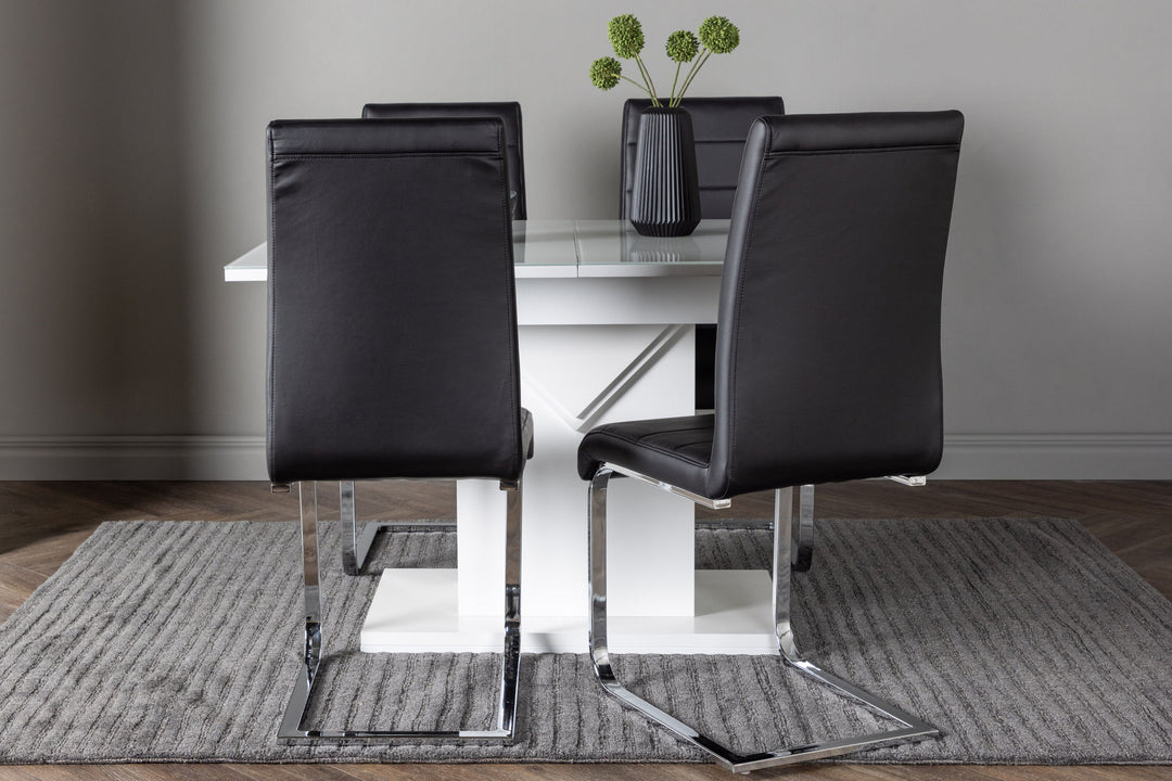 Venture Home Pluto Dining Table 120/160*90- White / MDF Glass +Tempo Dining Chair - Chromed leg / Black PU _4