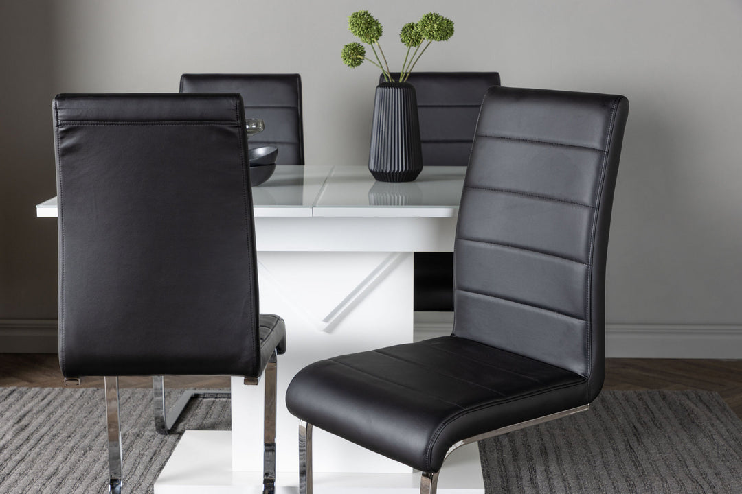 Venture Home Pluto Dining Table 120/160*90- White / MDF Glass +Tempo Dining Chair - Chromed leg / Black PU _4