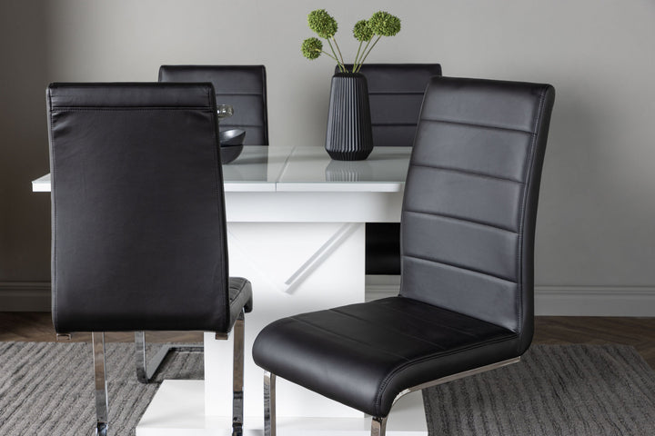 Venture Home Pluto Dining Table 120/160*90- White / MDF Glass +Tempo Dining Chair - Chromed leg / Black PU _4