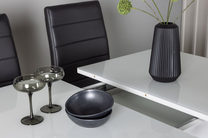 Venture Home Pluto Dining Table 120/160*90- White / MDF Glass +Tempo Dining Chair - Chromed leg / Black PU _4