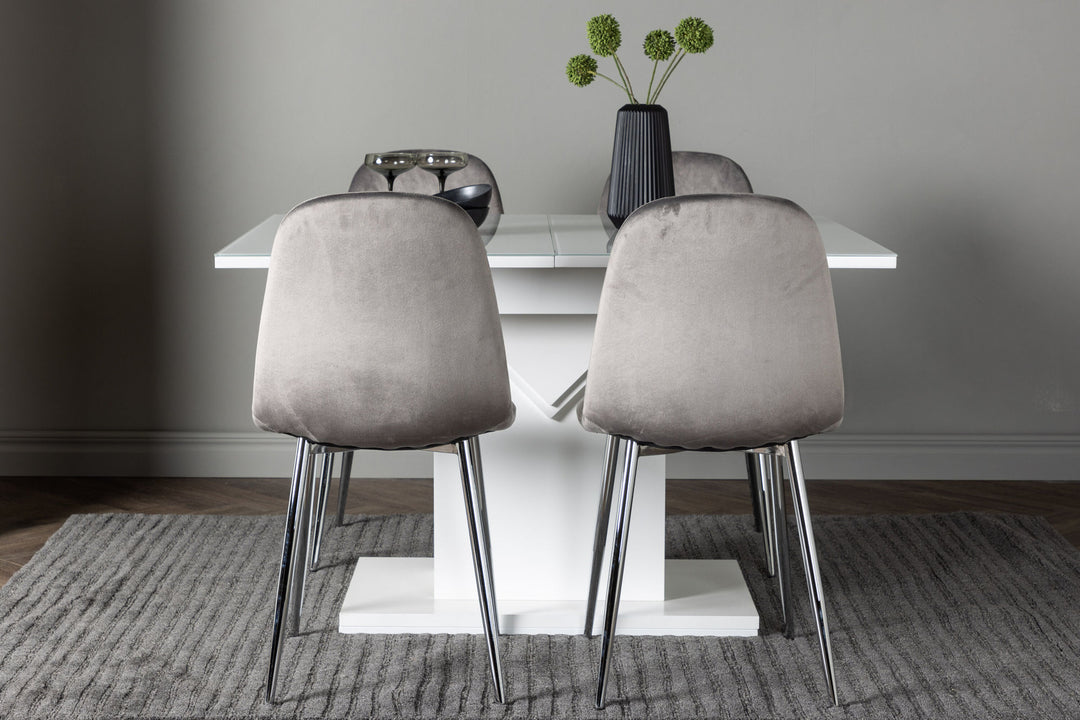 Venture Home Pluto Dining Table 120/160*90- White / MDF Glass +Eva Dining Chair - Light grey / Light grey Velvet _4