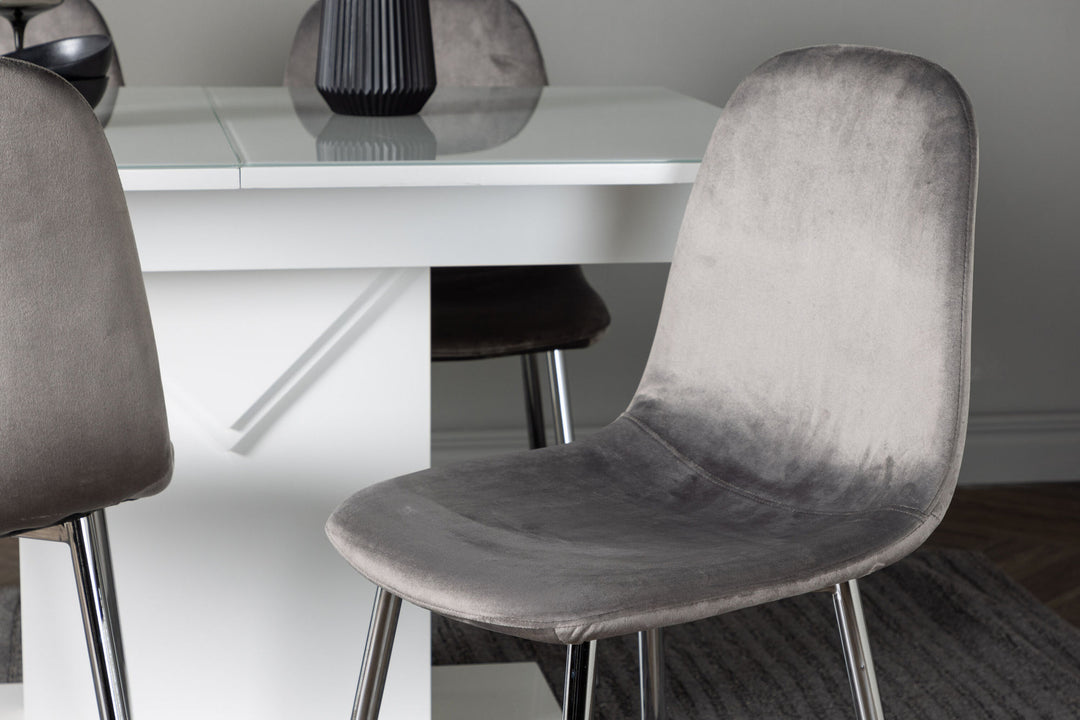 Venture Home Pluto Dining Table 120/160*90- White / MDF Glass +Eva Dining Chair - Light grey / Light grey Velvet _4
