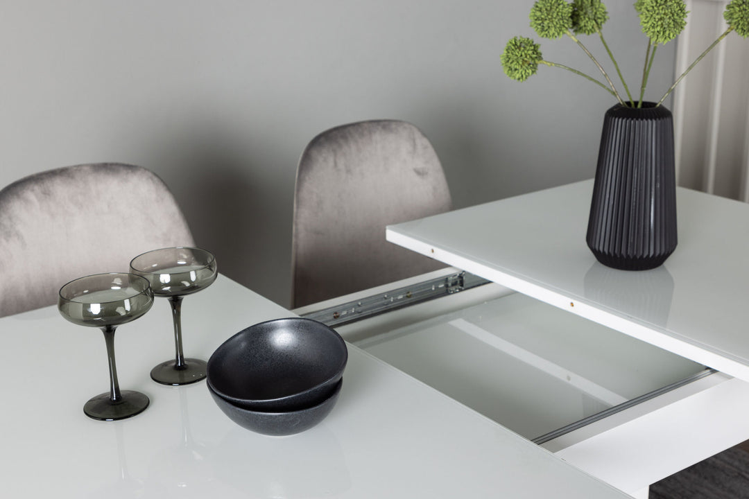 Venture Home Pluto Dining Table 120/160*90- White / MDF Glass +Eva Dining Chair - Light grey / Light grey Velvet _4
