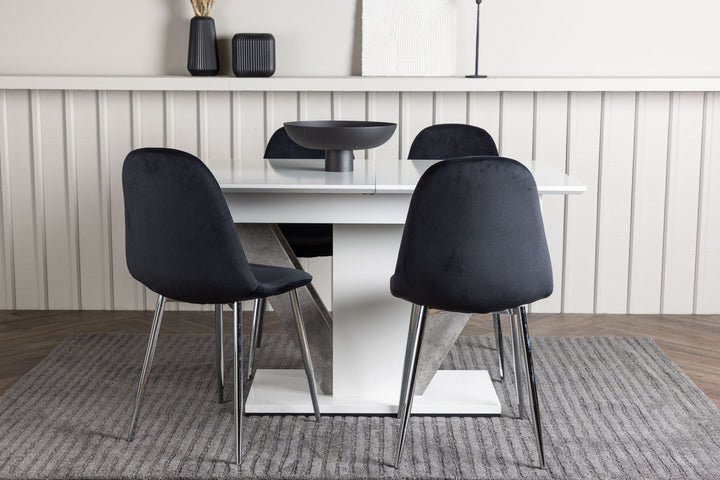 Venture Home Disa Dining Table 120/160*80 - White / Grey MDF +Polar Dining Chair - Black Velvet / Chrome _4