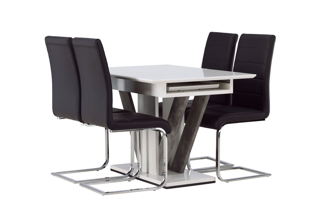 Venture Home Disa Dining Table 120/160*80 - White / Grey MDF +Tempo Dining Chair - Chromed leg / Black PU _4