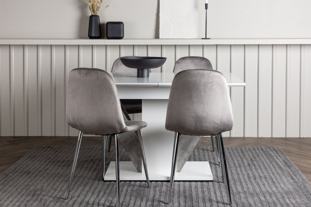 Venture Home Disa Dining Table 120/160*80 - White / Grey MDF +Eva Dining Chair - Light grey / Light grey Velvet _4