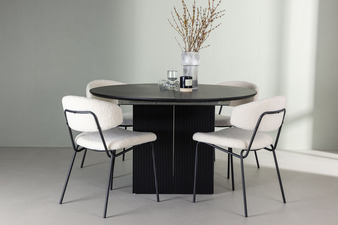 Venture Home Matilda Dining Table φ130 - Black / Black MDF with veneer +Chico Dining Chair - Black / White Boucle _4