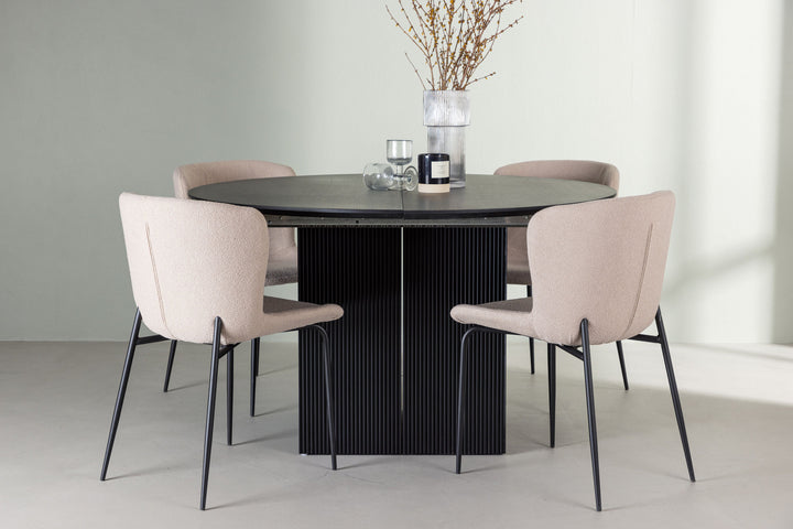 Venture Home Matilda Dining Table φ130 - Black / Black MDF with veneer +Modesto Dining Chair - Beige / Beige Boucle _4