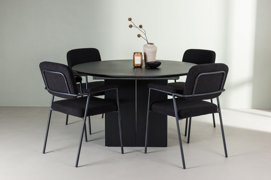 Venture Home Matilda Dining Table φ130 - Black / Black MDF with veneer +Yesterday Dining Chair - Black / Black Boucle _4