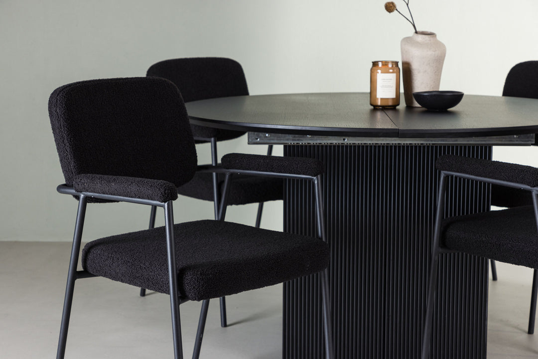 Venture Home Matilda Dining Table φ130 - Black / Black MDF with veneer +Yesterday Dining Chair - Black / Black Boucle _4