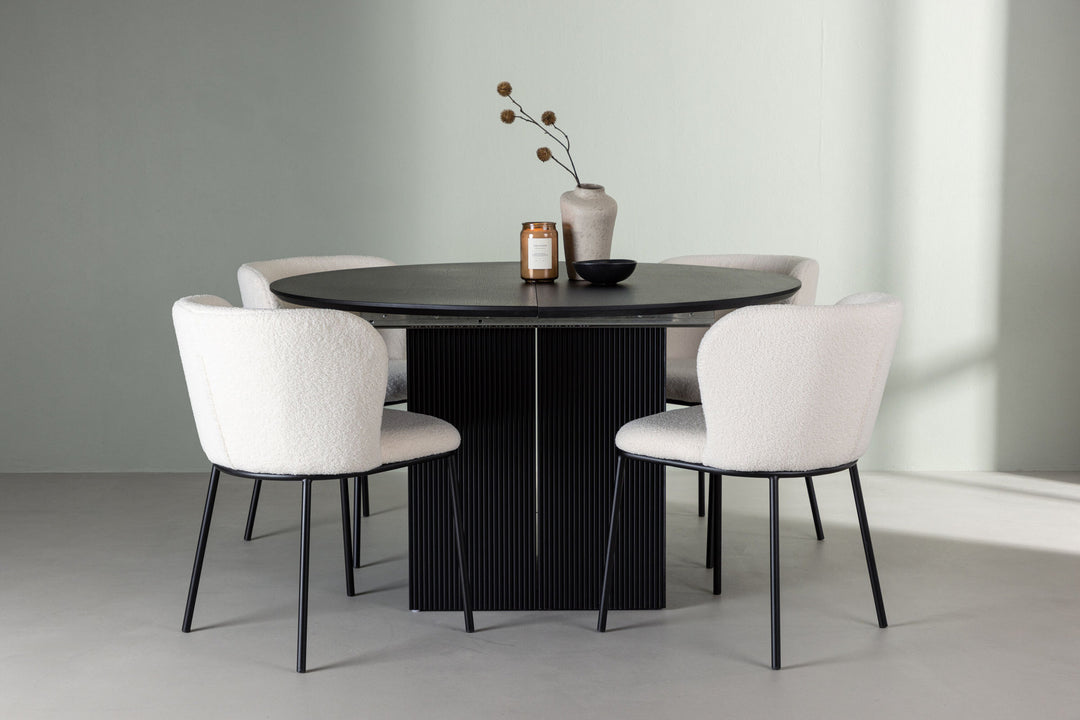 Venture Home Matilda Dining Table φ130 - Black / Black MDF with veneer +Edina Dining Chair - Black / White Boucle _4