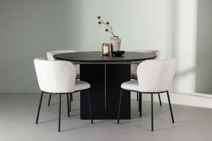 Venture Home Matilda Dining Table φ130 - Black / Black MDF with veneer +Edina Dining Chair - Black / White Boucle _4