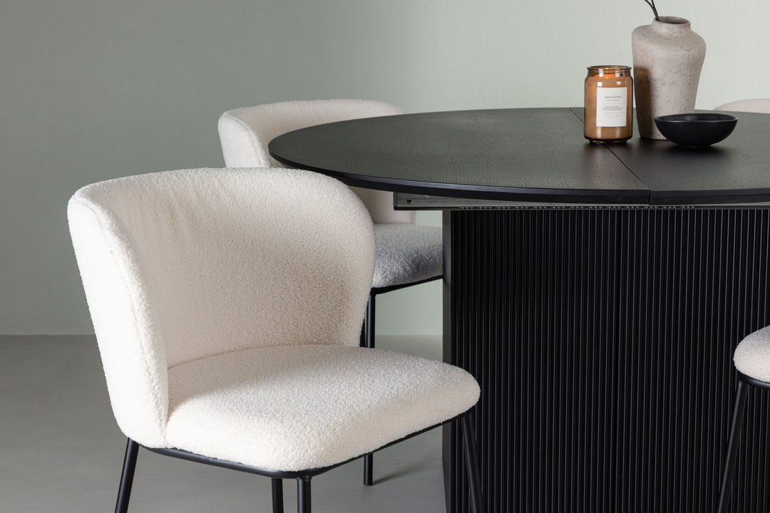 Venture Home Matilda Dining Table φ130 - Black / Black MDF with veneer +Edina Dining Chair - Black / White Boucle _4
