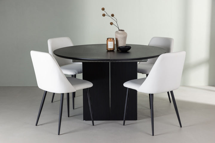 Venture Home Matilda Dining Table φ130 - Black / Black MDF with veneer +Night Dining Chair - Black / White PU _4