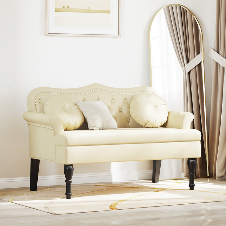 Chesterfield bænk med pude Creme 120.5 x 65 x 75 cm Faux læder