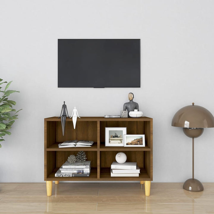 tv-bord med massive træben 69,5x30x50 cm brun eg