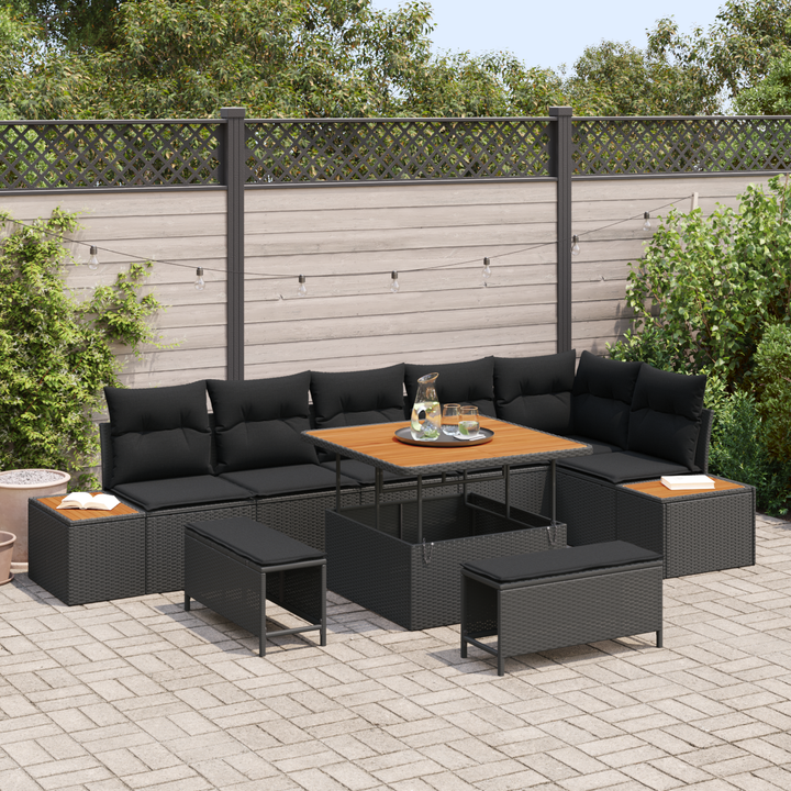 Havesofa Sæt 9 pcs Sort Poly Rattan og Pulverlakeret Stål