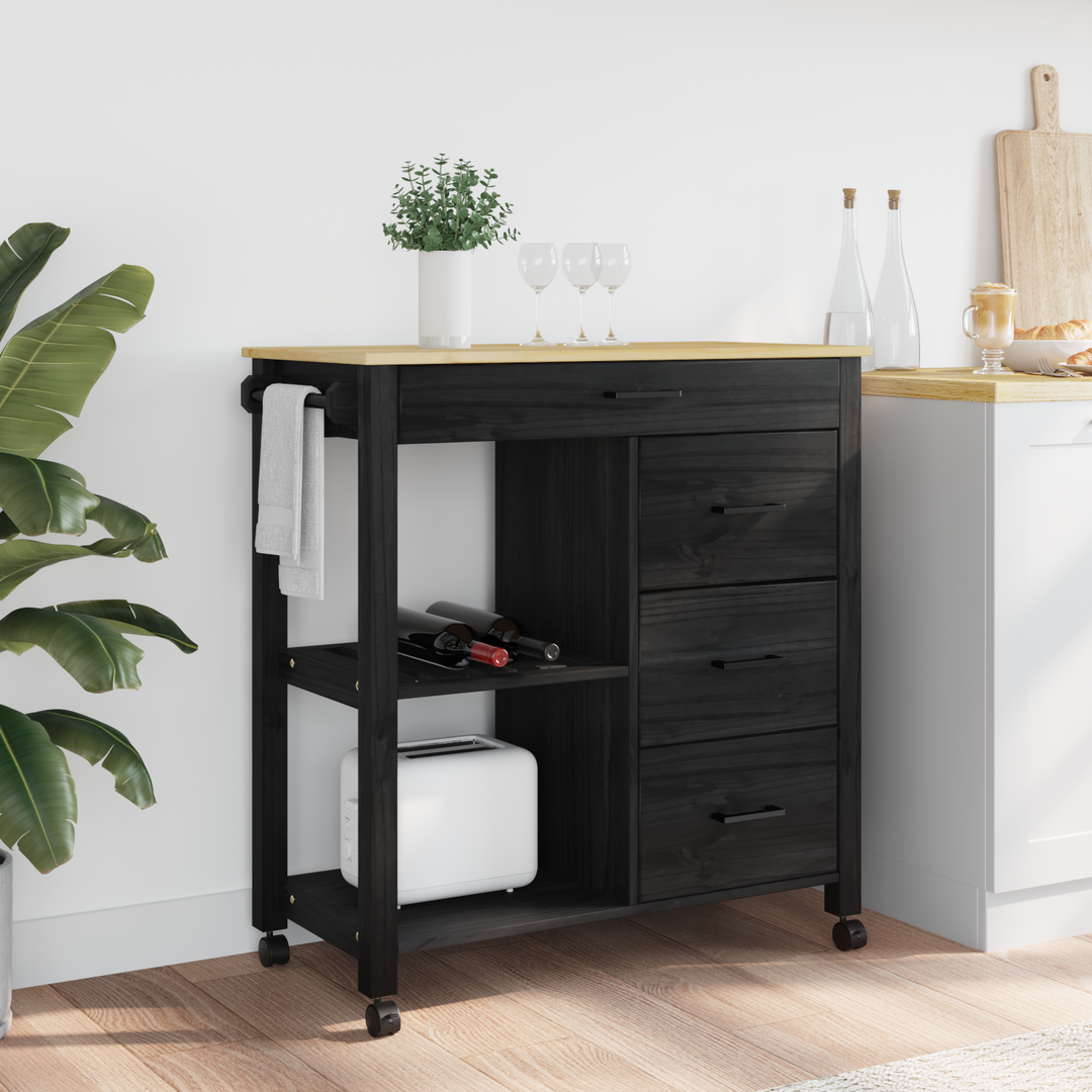 Køkkenvogn MONZA Sort 84 x 40 x 88,5 cm Massivt fyrretræ