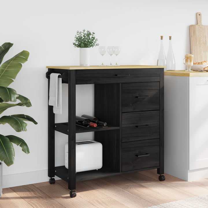 Køkkenvogn MONZA Sort 84 x 40 x 88,5 cm Massivt fyrretræ