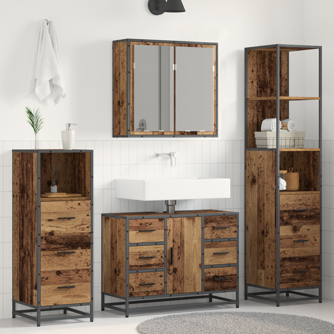 Badeværelsesmøbel sæt med dør 4 pcs Gammelt træ Konstrueret træ